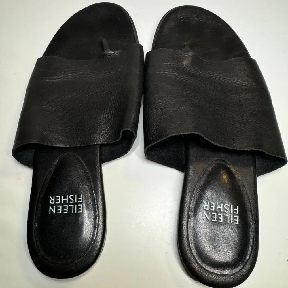 Eileen Fisher Black Leather Toe Ring Slides Sandals 6.5 Vero Cuoio Minimalist